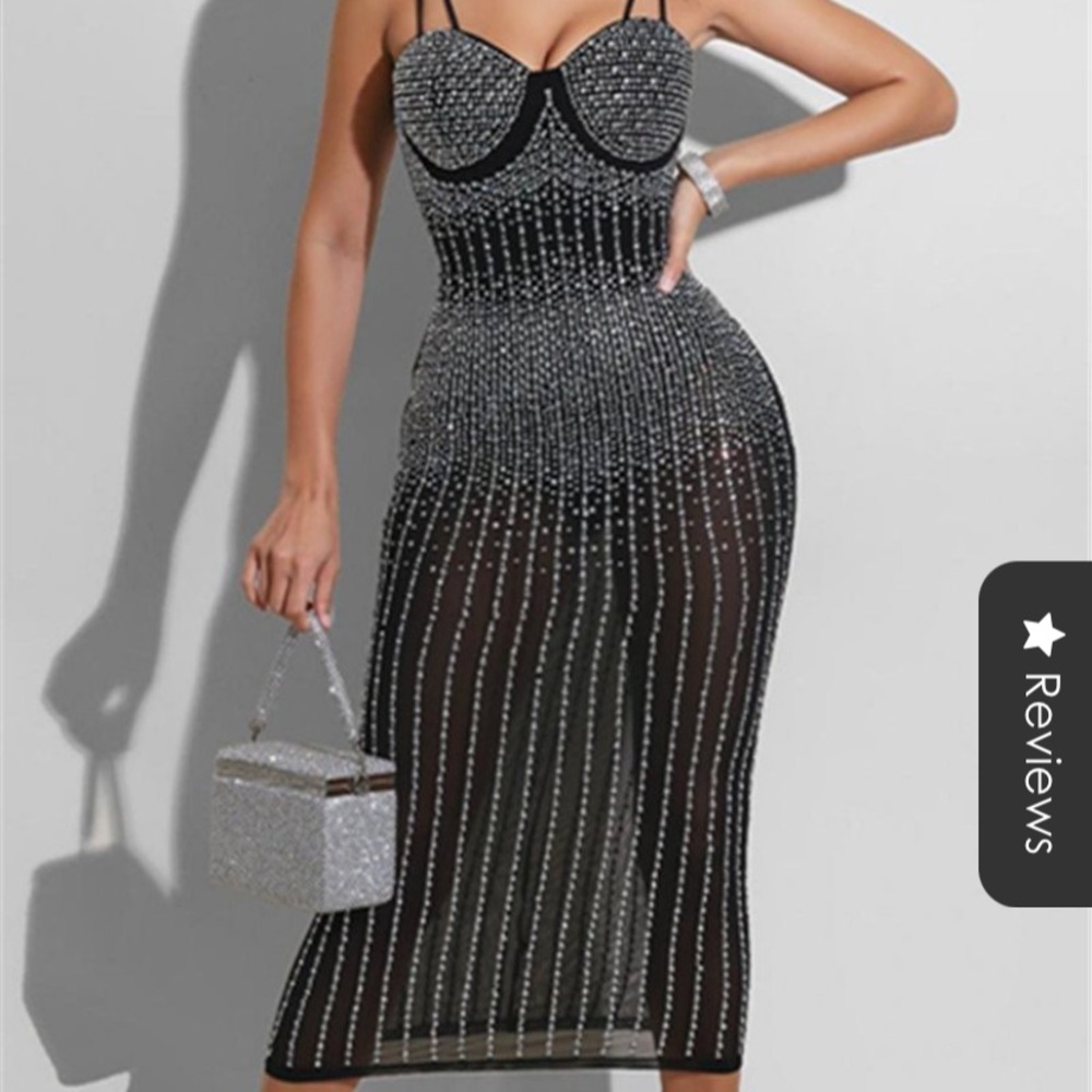 COPY - Black rhinestone mesh midi dress